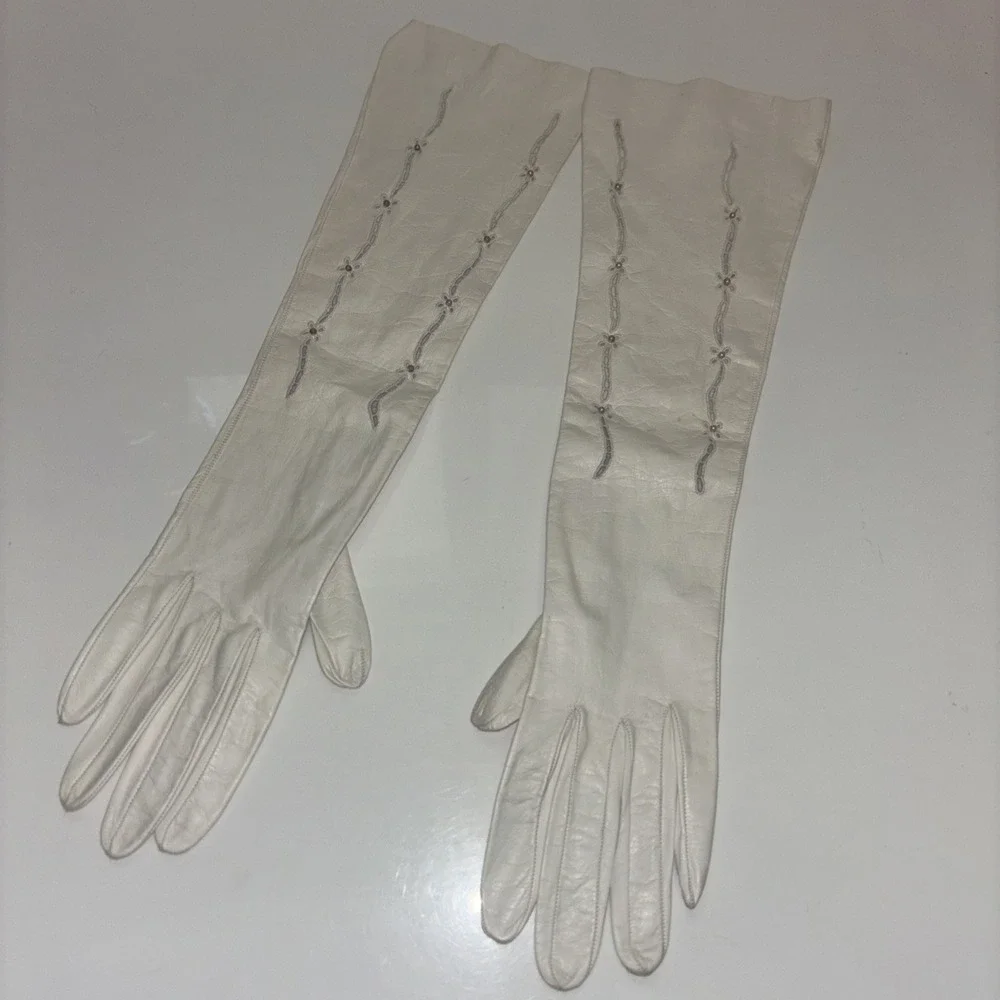 Vintage White Leather Opera Gloves Floral Embroidery Beaded Evening Formal 15.5
